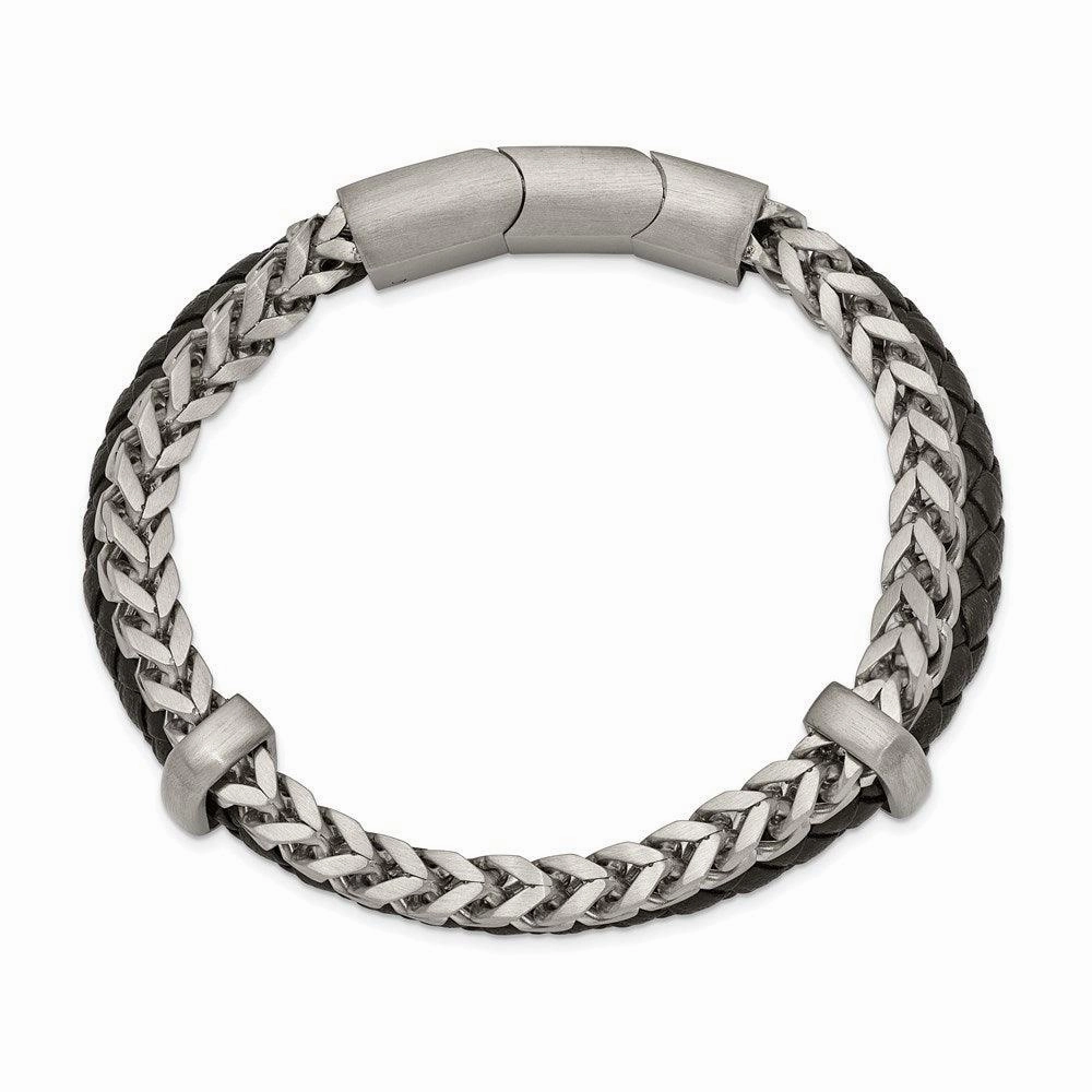 Stainless Steel Brushed Leather and Chain 8in w/.5in ext. Bracelet
