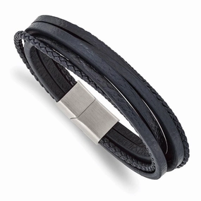Stainless Steel Brushed Navy Blue Leather Multi Strand 8in Bracelet