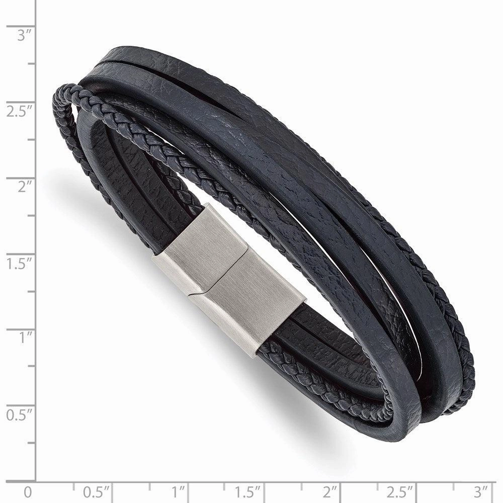 Stainless Steel Brushed Navy Blue Leather Multi Strand 8in Bracelet