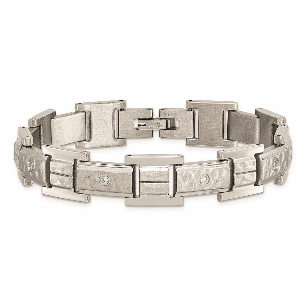 Stainless Steel Brushed Polished and Hammered w/CZ 8.5 in Bracelet