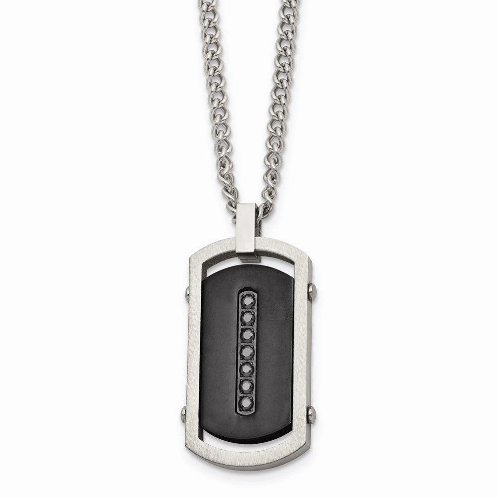 Stainless Steel Brushed/Polished Black IP Center Black CZ Tag Necklace