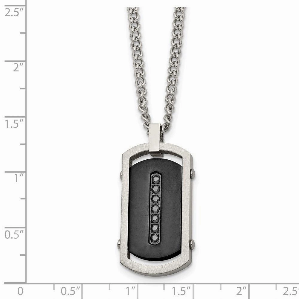 Stainless Steel Brushed/Polished Black IP Center Black CZ Tag Necklace