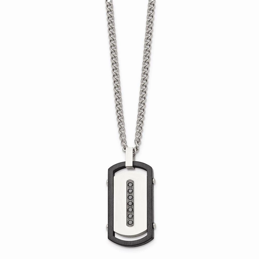 Stainless Steel Brushed/Polished Black IP Rim Black CZ Tag Necklace