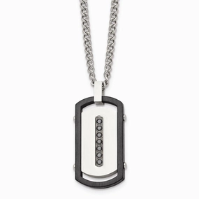 Stainless Steel Brushed/Polished Black IP Rim Black CZ Tag Necklace