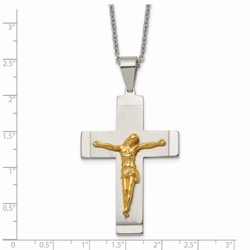 Stainless Steel Brushed, Polished Yellow IP-plated Crucifix Necklace