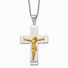 Stainless Steel Brushed, Polished Yellow IP-plated Crucifix Necklace