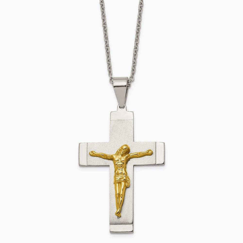 Stainless Steel Brushed, Polished Yellow IP-plated Crucifix Necklace