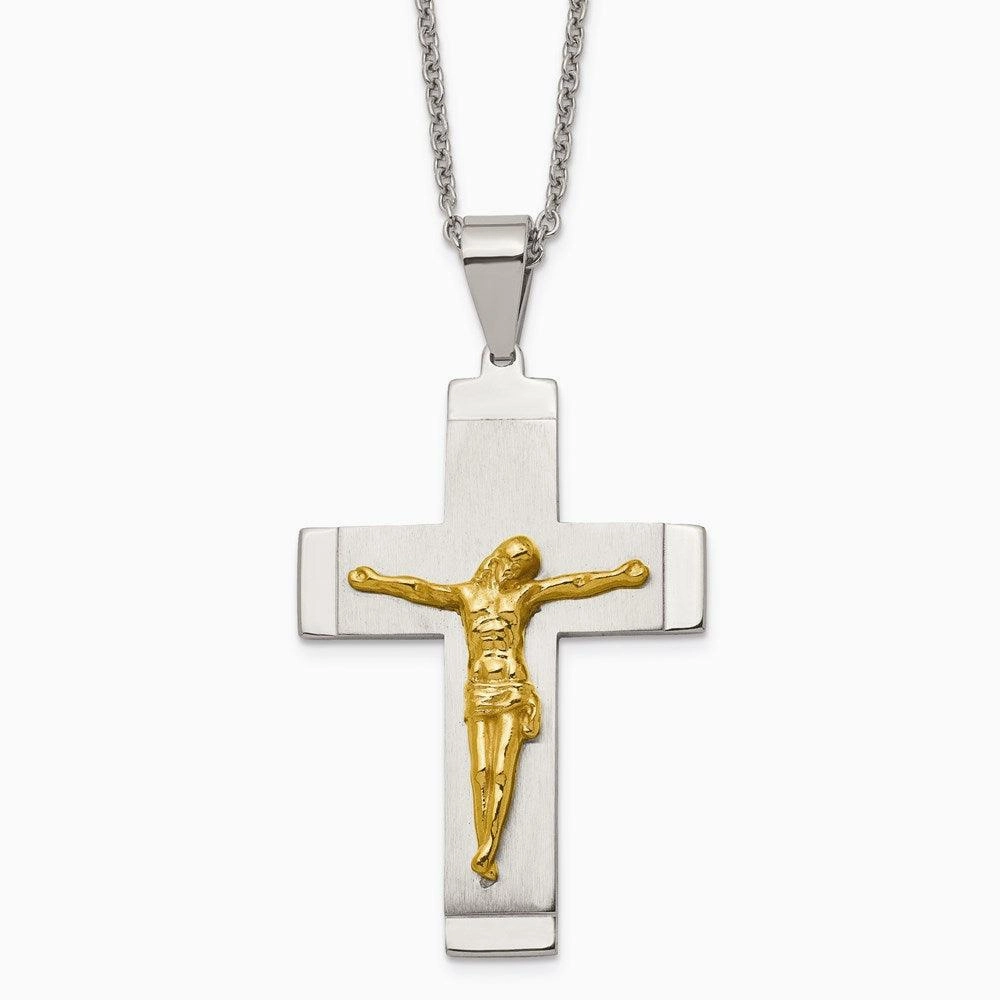 Stainless Steel Brushed, Polished Yellow IP-plated Crucifix Necklace