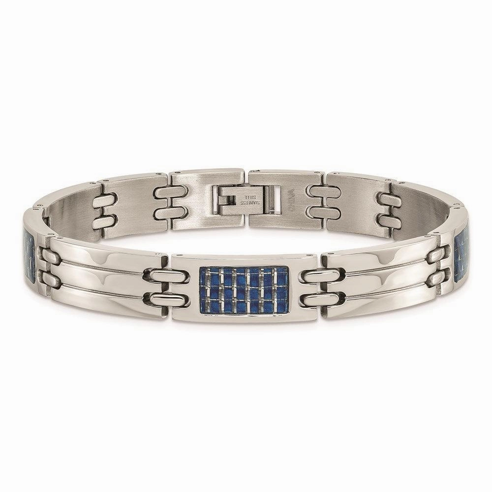 Stainless Steel Brushed with Blue Carbon Fiber Inlay Bracelet