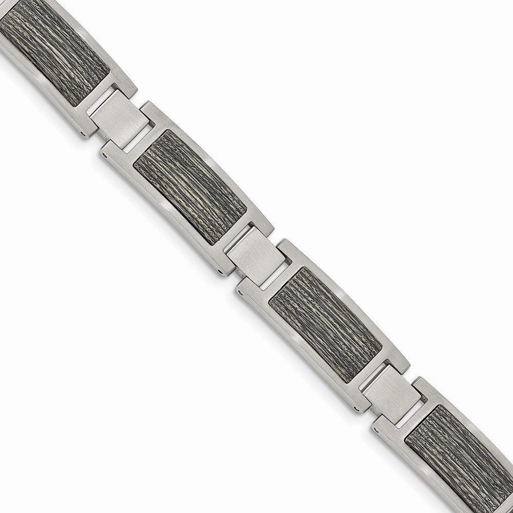 Stainless Steel Brushed with Gray Wood Inlay 8.75in Link Bracelet