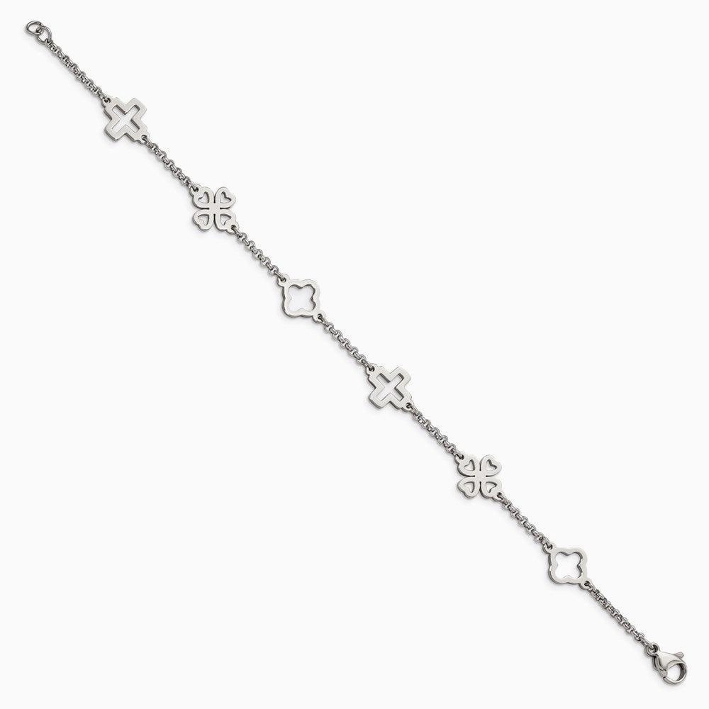 Stainless Steel Cross & Clovers Bracelet