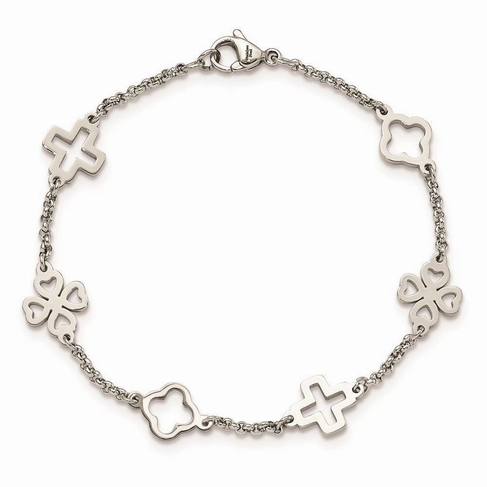 Stainless Steel Cross & Clovers Bracelet