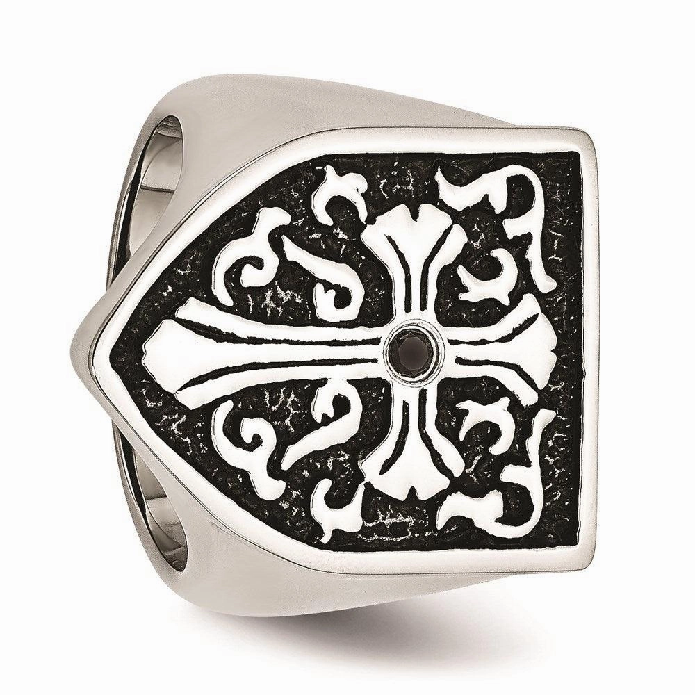 Stainless Steel Cross w/Black Diamond Antiqued Shield Ring