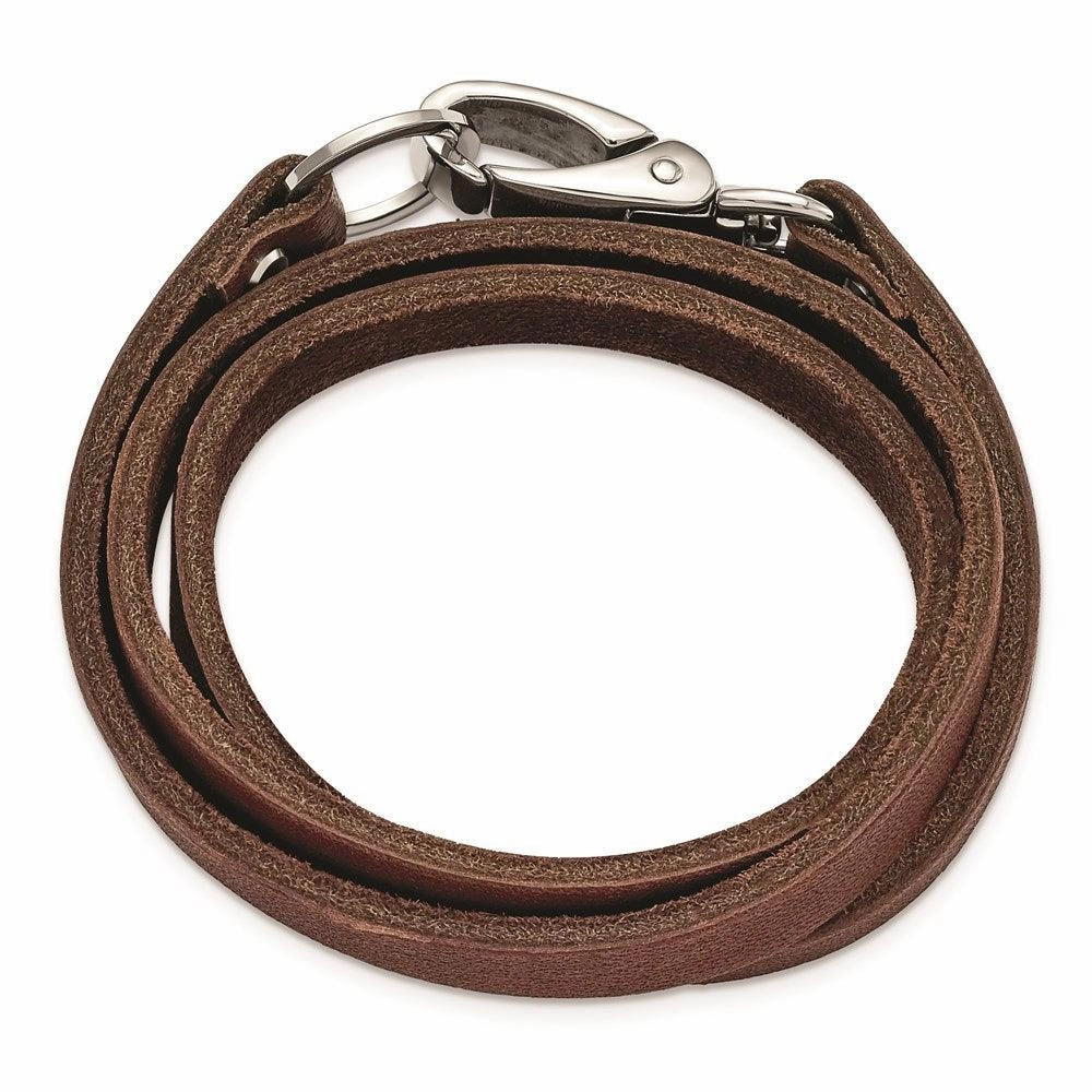 Stainless Steel Dark Brown Leather Wrap Bracelet