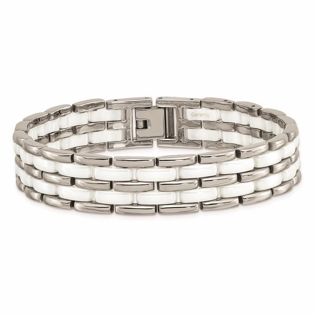Stainless Steel Double Row White Ceramic 8.25in Bracelet