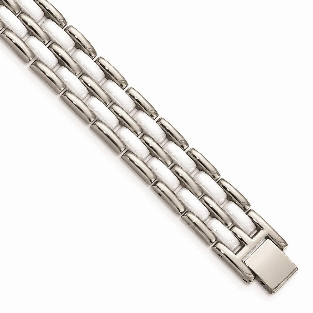Stainless Steel Double Row White Ceramic 8.25in Bracelet