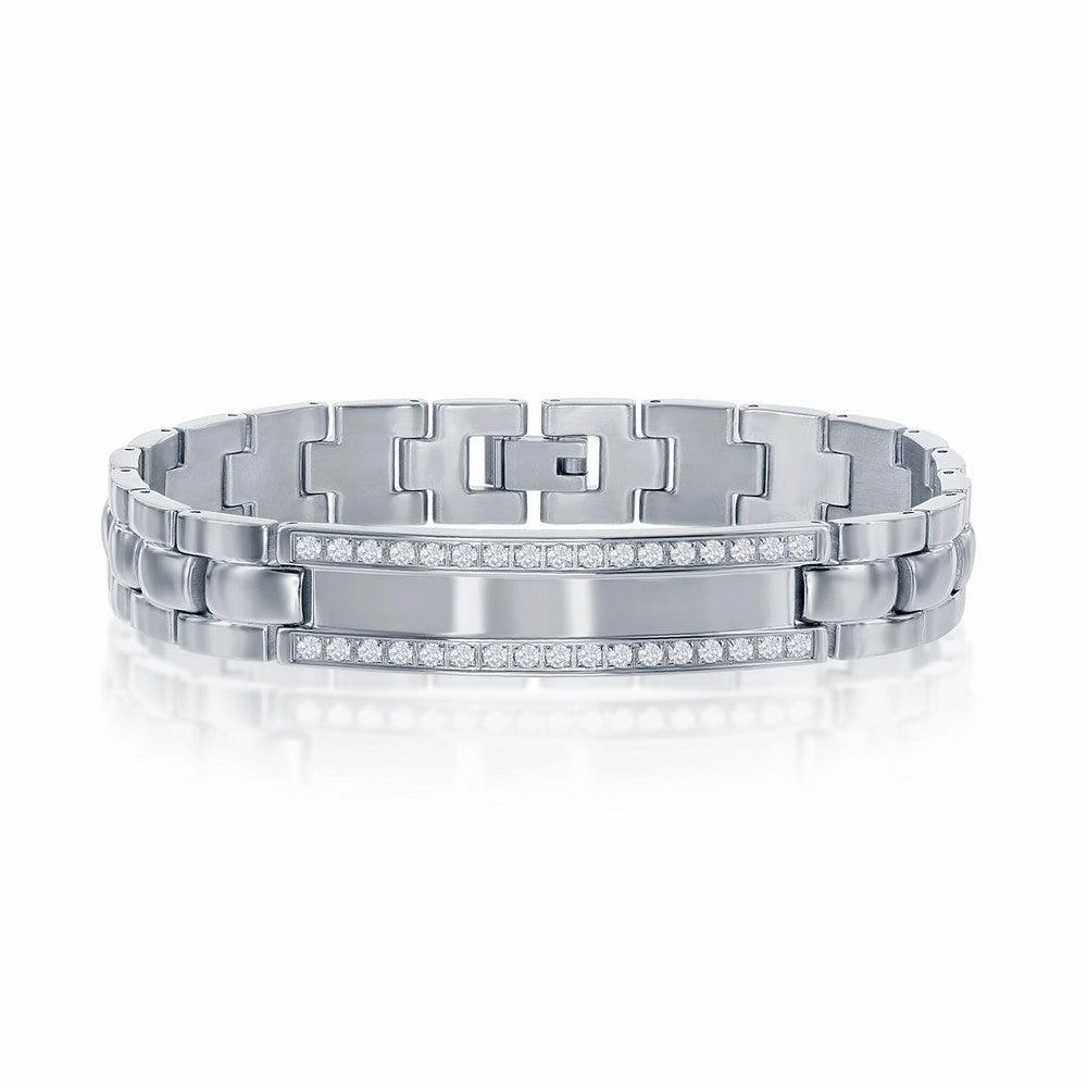 Stainless Steel ID Engravable CZ Bracelet, 8.5"