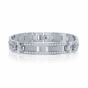 Stainless Steel ID Engravable CZ Bracelet, 8.5"
