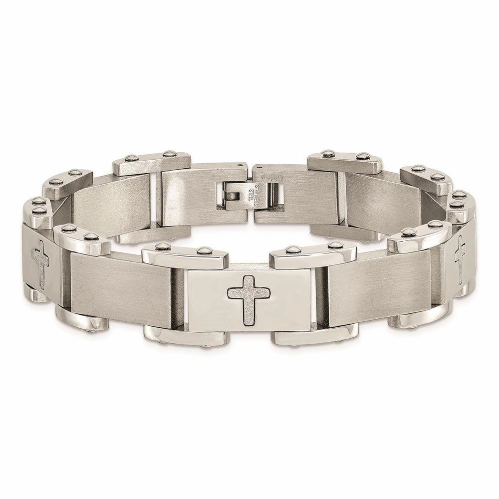 Stainless Steel Laser Cut Crosses 8.75in Bracelet