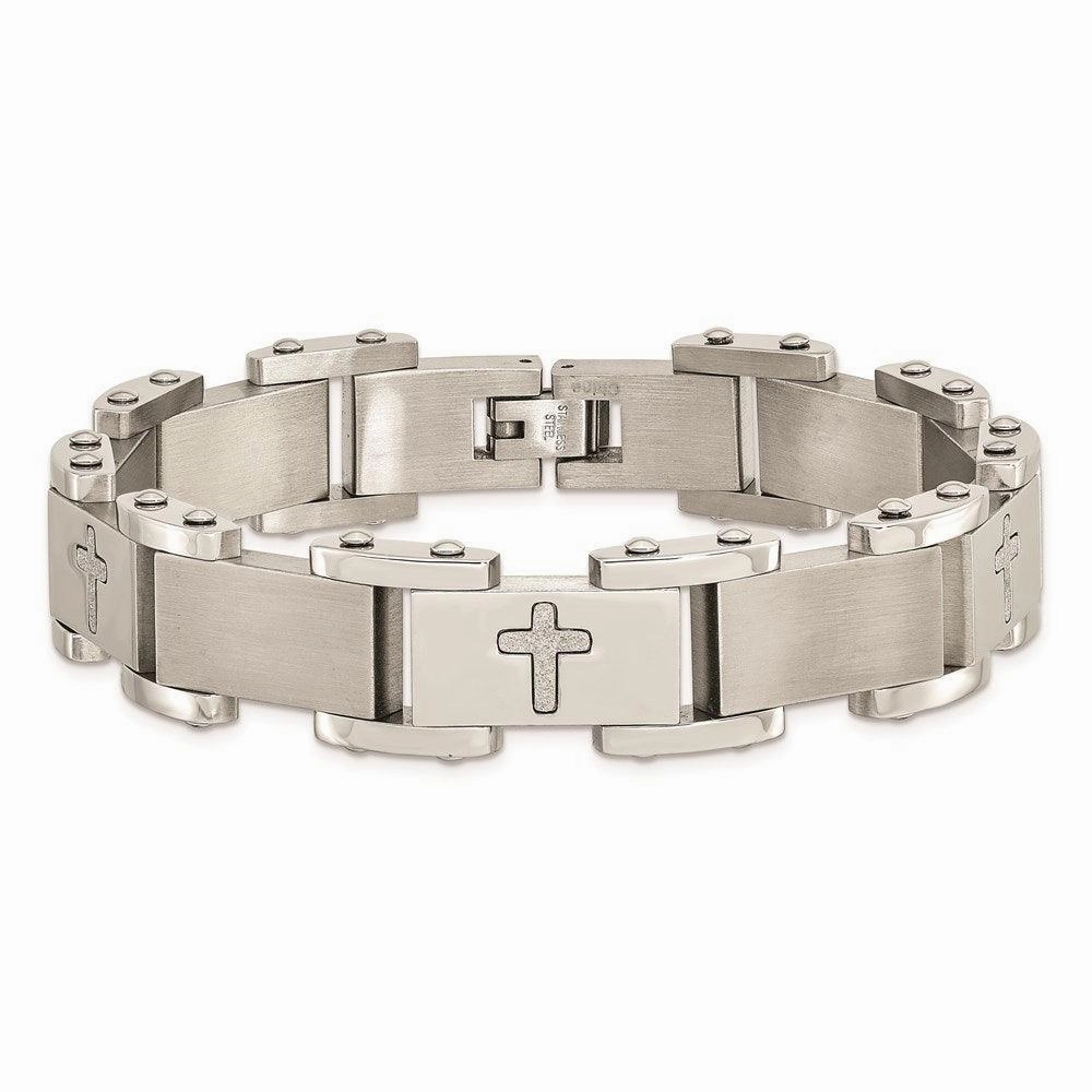 Stainless Steel Laser Cut Crosses 8.75in Bracelet