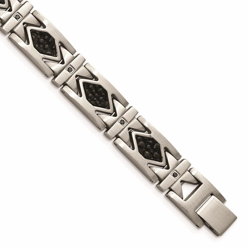 Stainless Steel Leather Black CZ Brushed Bracelet