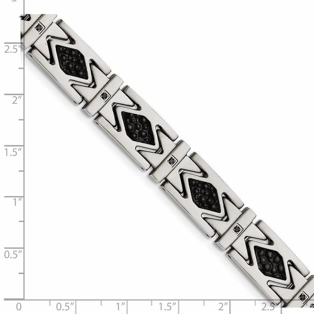 Stainless Steel Leather Black CZ Brushed Bracelet