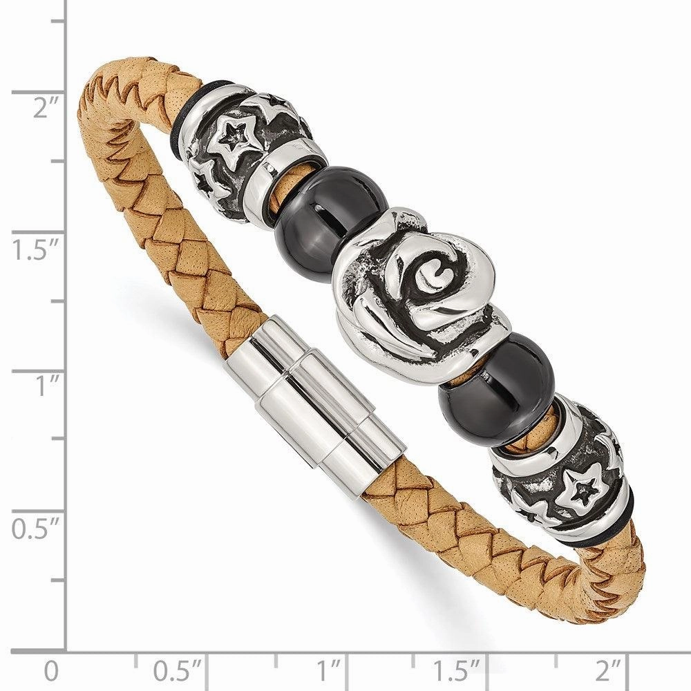 Stainless Steel Light Tan Leather w/Beads 7.5in Bracelet