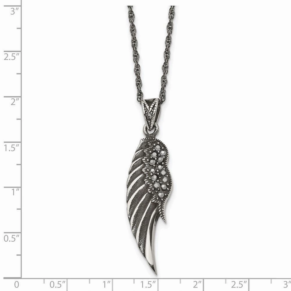 Stainless Steel Marcasite and Antiqued Wing Pendant 20 inch Necklace