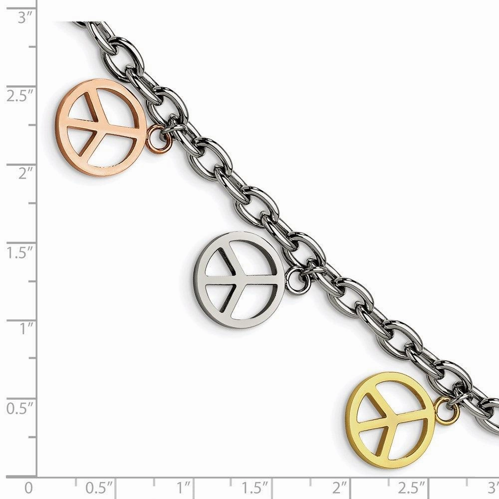 Stainless Steel Multicolor Plated Peace Sign Charms 8.5in Bracelet