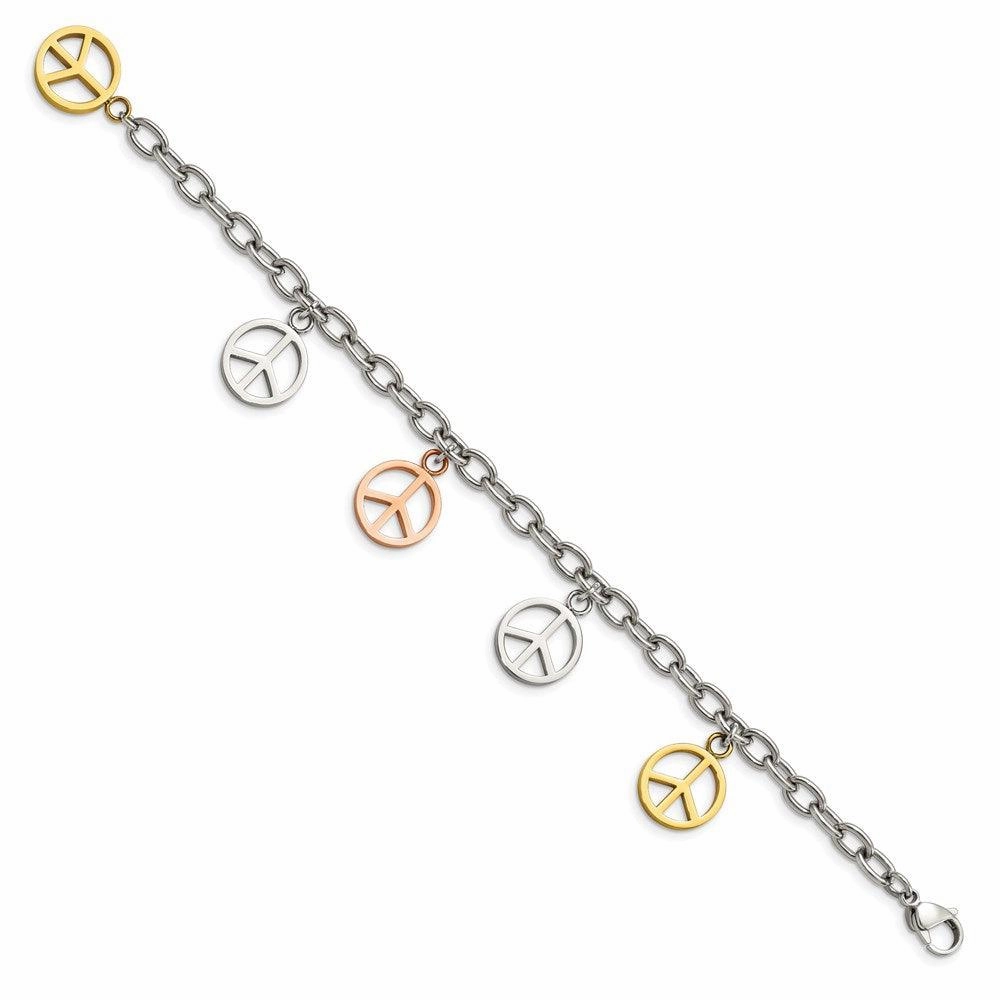 Stainless Steel Multicolor Plated Peace Sign Charms 8.5in Bracelet