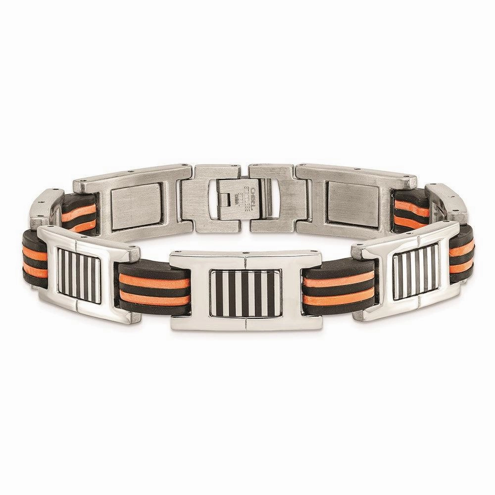 Stainless Steel Orange and Black Rubber Polished Bracelet