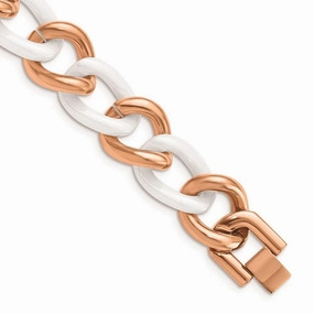 Stainless Steel Pink IP-plated & White Ceramic 8.25in w/ext Bracelet