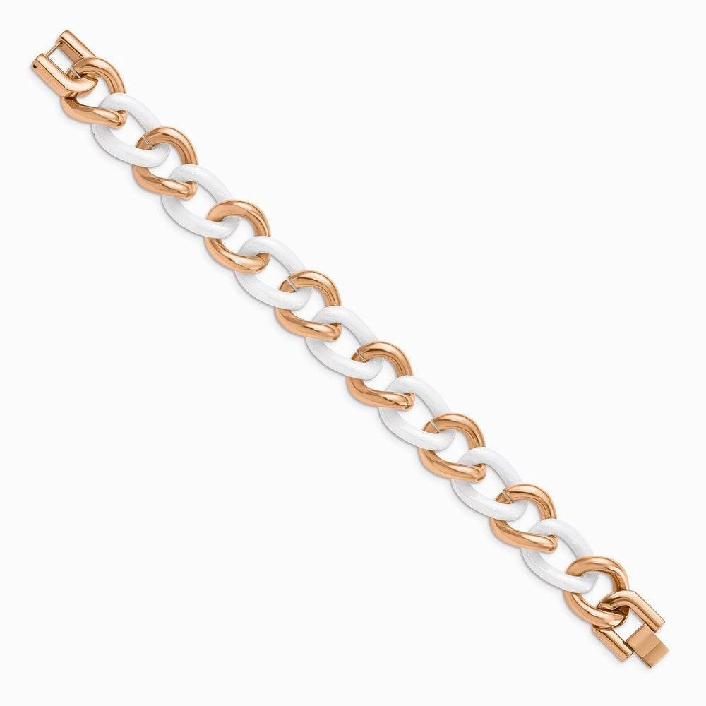Stainless Steel Pink IP-plated & White Ceramic 8.25in w/ext Bracelet