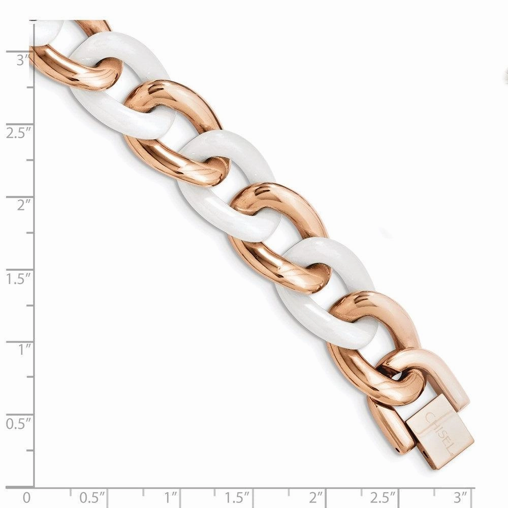 Stainless Steel Pink IP-plated & White Ceramic 8.25in w/ext Bracelet