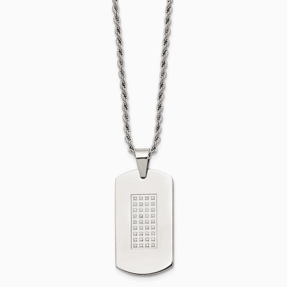Stainless Steel Polished & CZs Dog Tag Necklace
