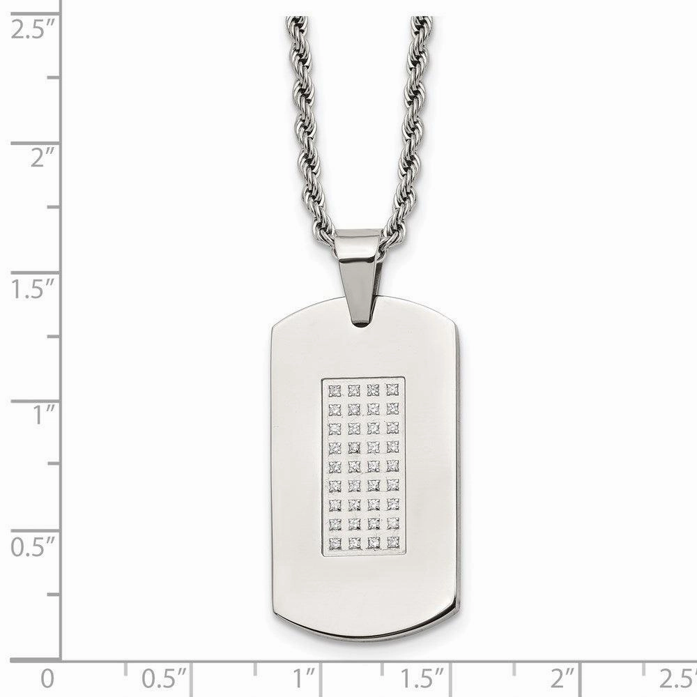 Stainless Steel Polished & CZs Dog Tag Necklace