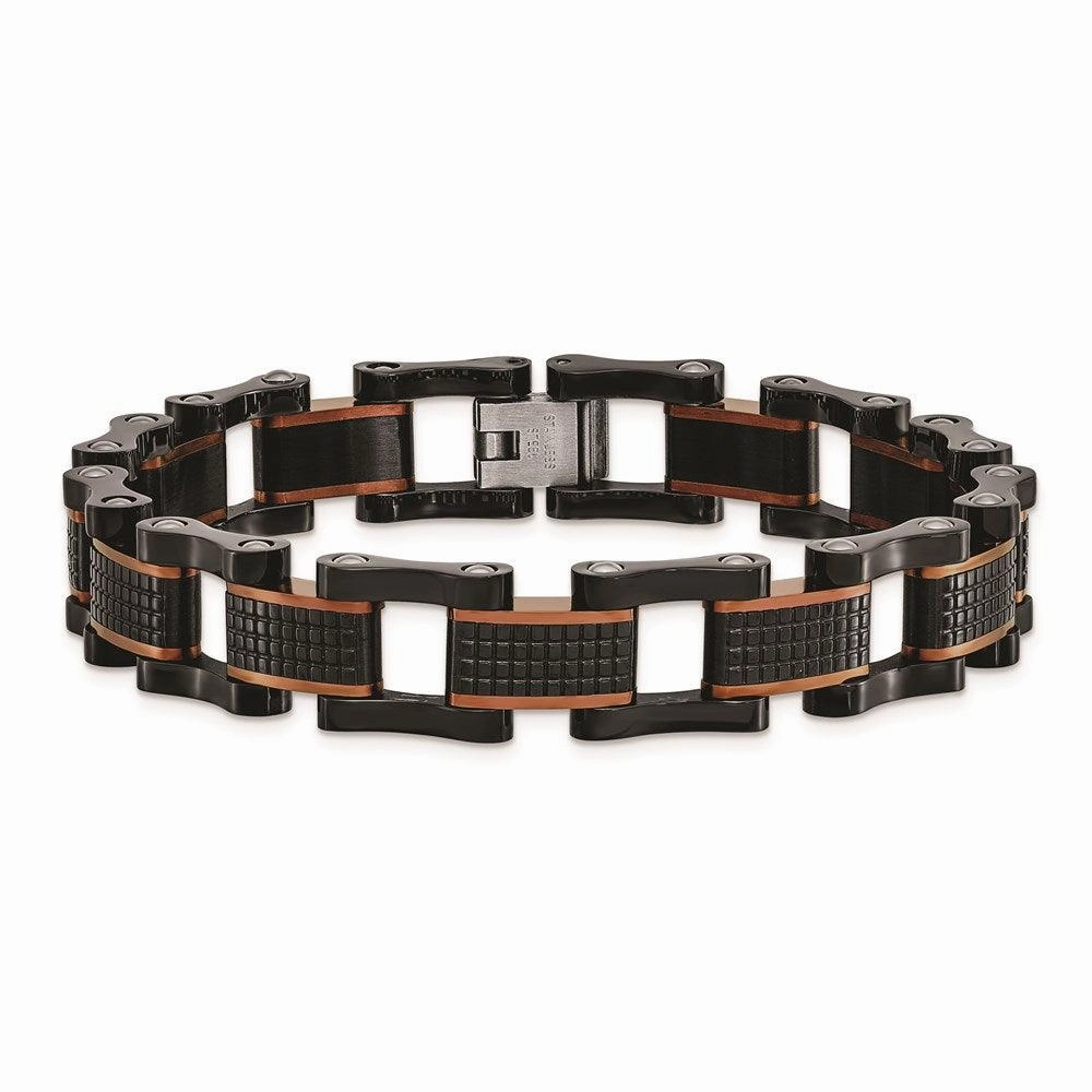 Stainless Steel Polished & Textured Black & Brown IP 8.25in Link Bracelet