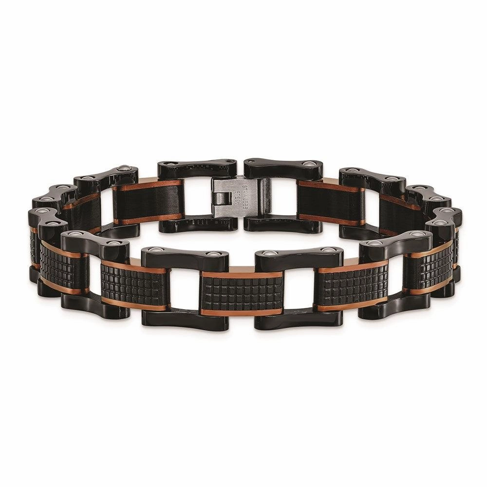 Stainless Steel Polished & Textured Black & Brown IP 8.25in Link Bracelet