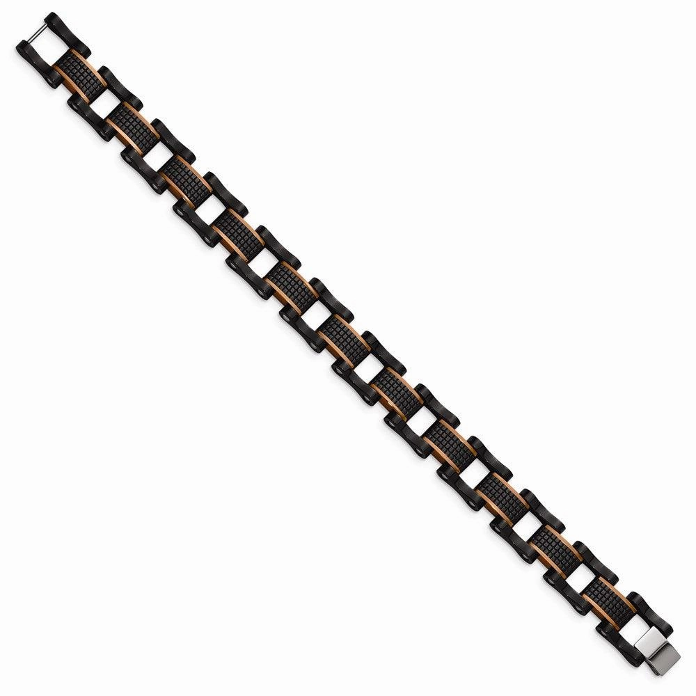 Stainless Steel Polished & Textured Black & Brown IP 8.25in Link Bracelet