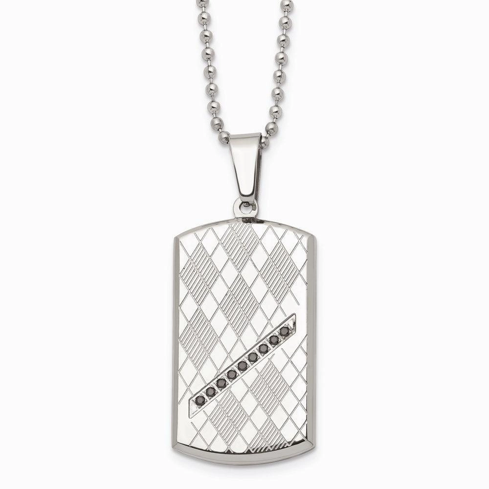 Stainless Steel Polished & Textured Black CZ Dog Tag Necklace