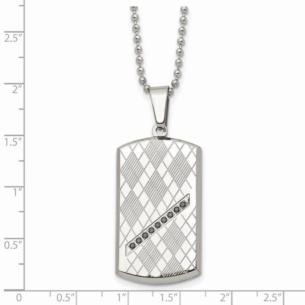 Stainless Steel Polished & Textured Black CZ Dog Tag Necklace