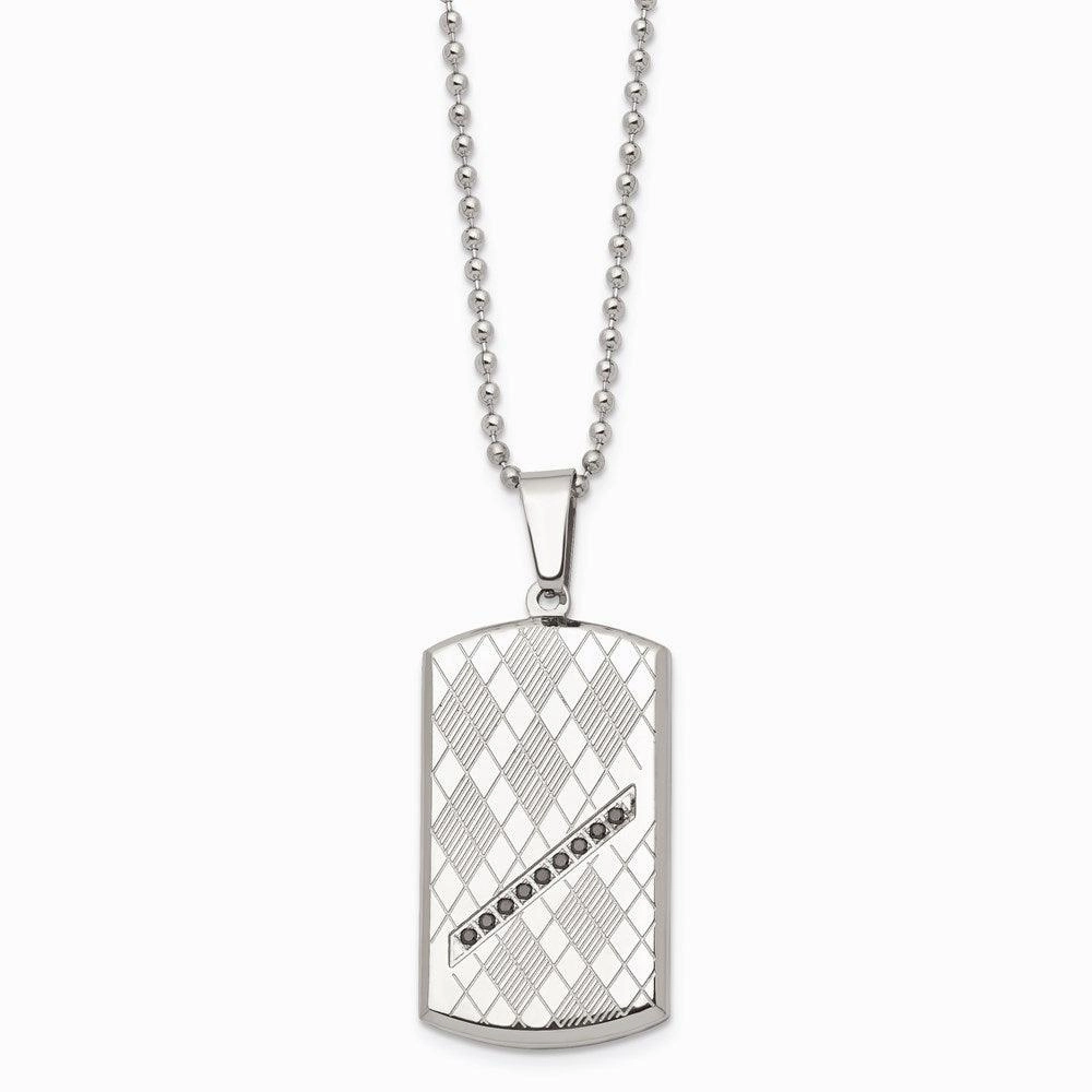 Stainless Steel Polished & Textured Black CZ Dog Tag Necklace