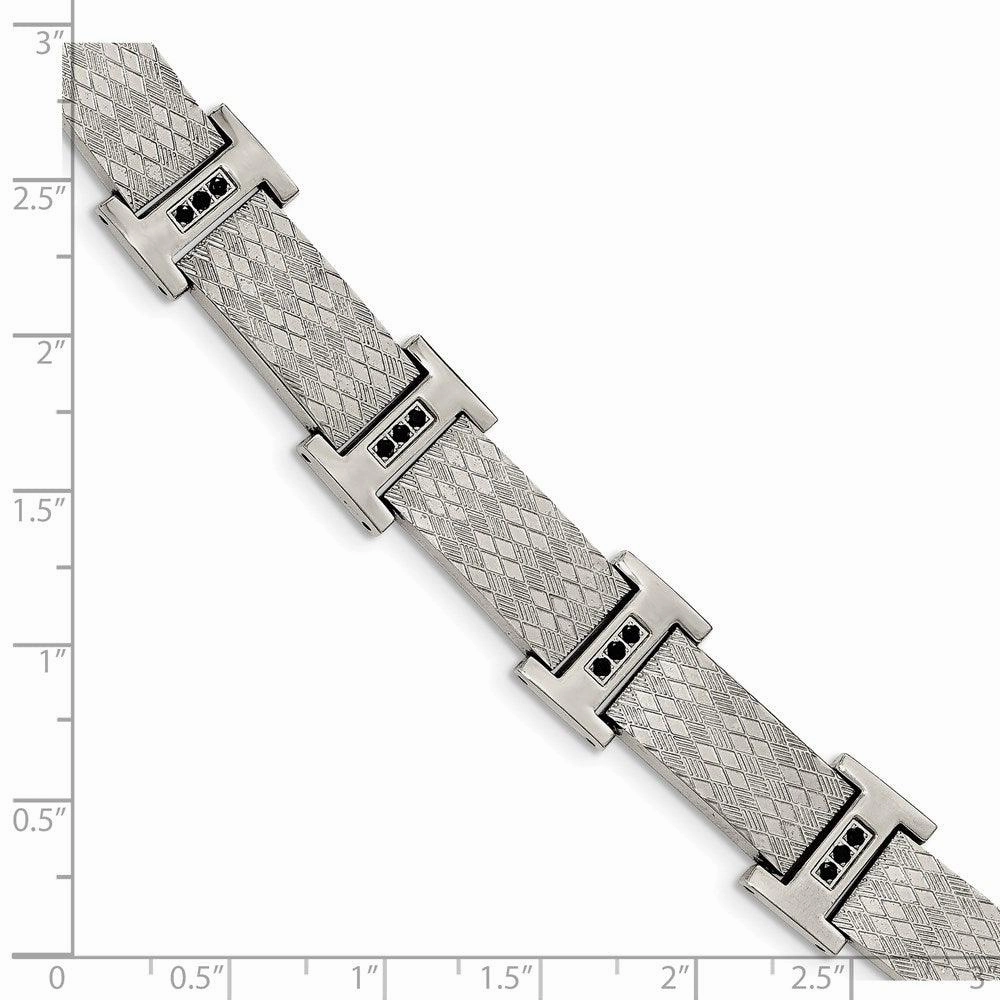 Stainless Steel Polished & Textured Black CZ Link Bracelet