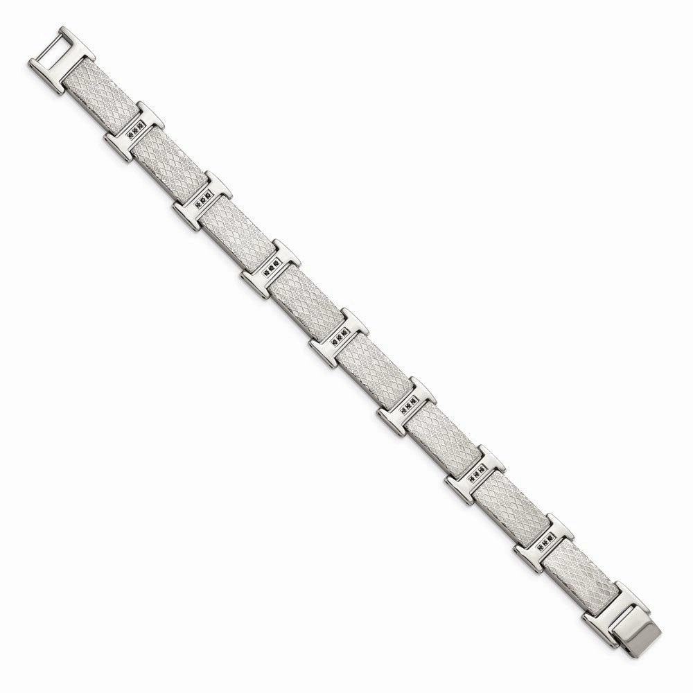 Stainless Steel Polished & Textured Black CZ Link Bracelet