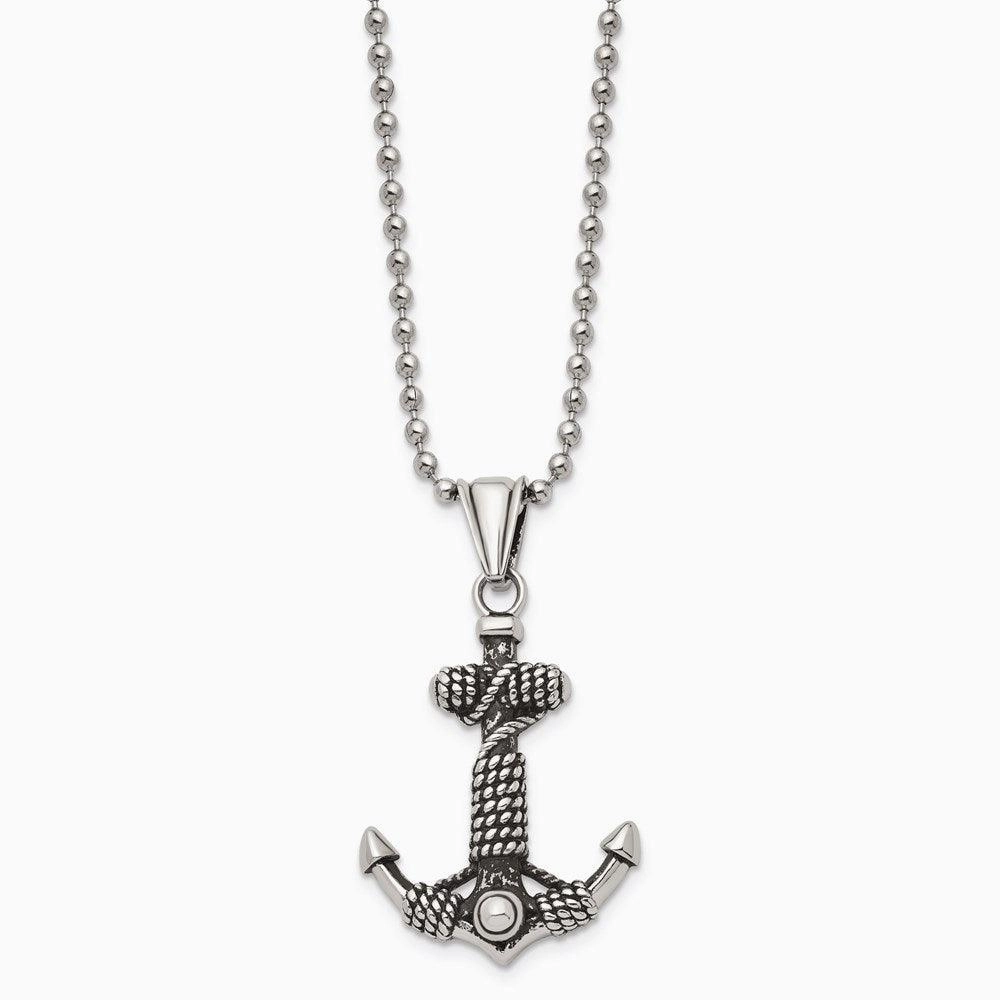 Stainless Steel Polished and Antiqued Anchor Necklace