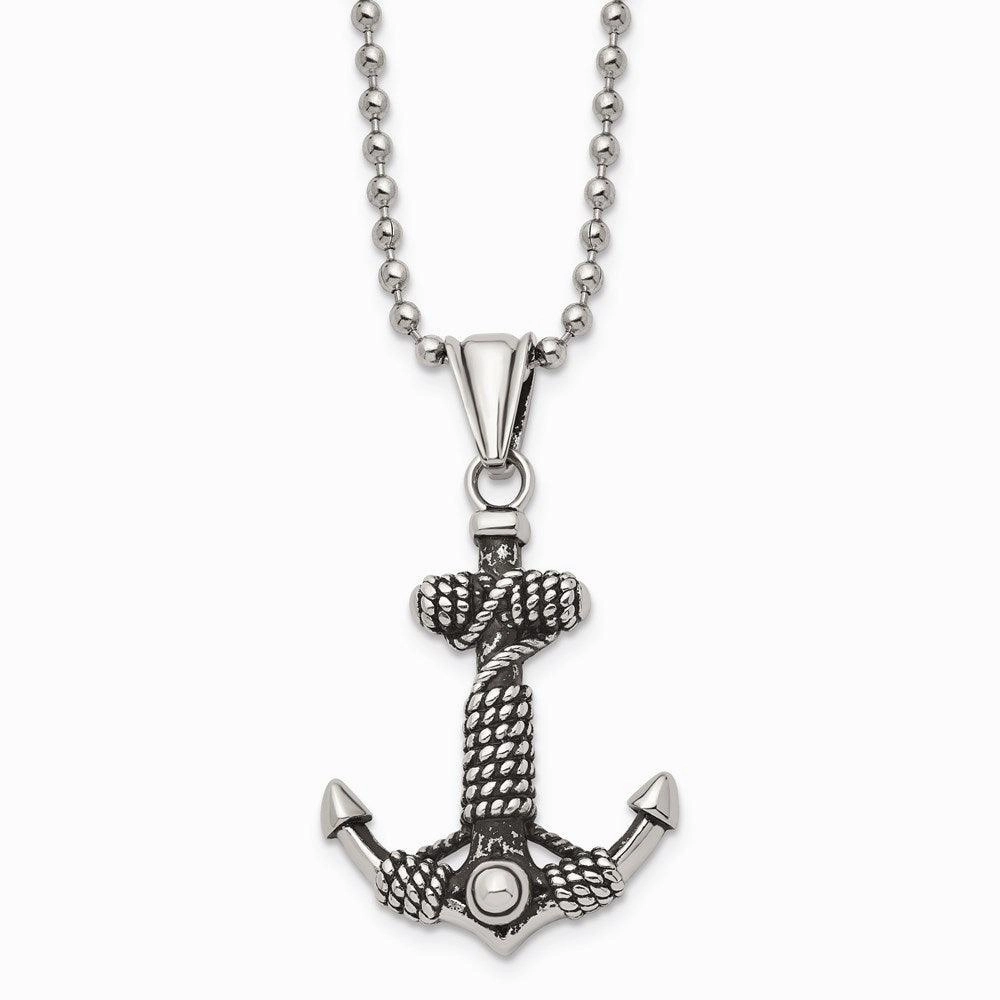 Stainless Steel Polished and Antiqued Anchor Necklace