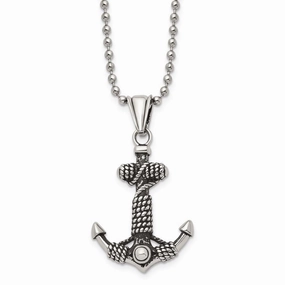 Stainless Steel Polished and Antiqued Anchor Necklace
