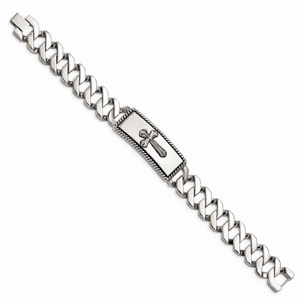 Stainless Steel Polished and Antiqued Cross Bracelet