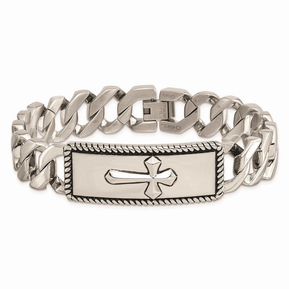 Stainless Steel Polished and Antiqued Cross Bracelet