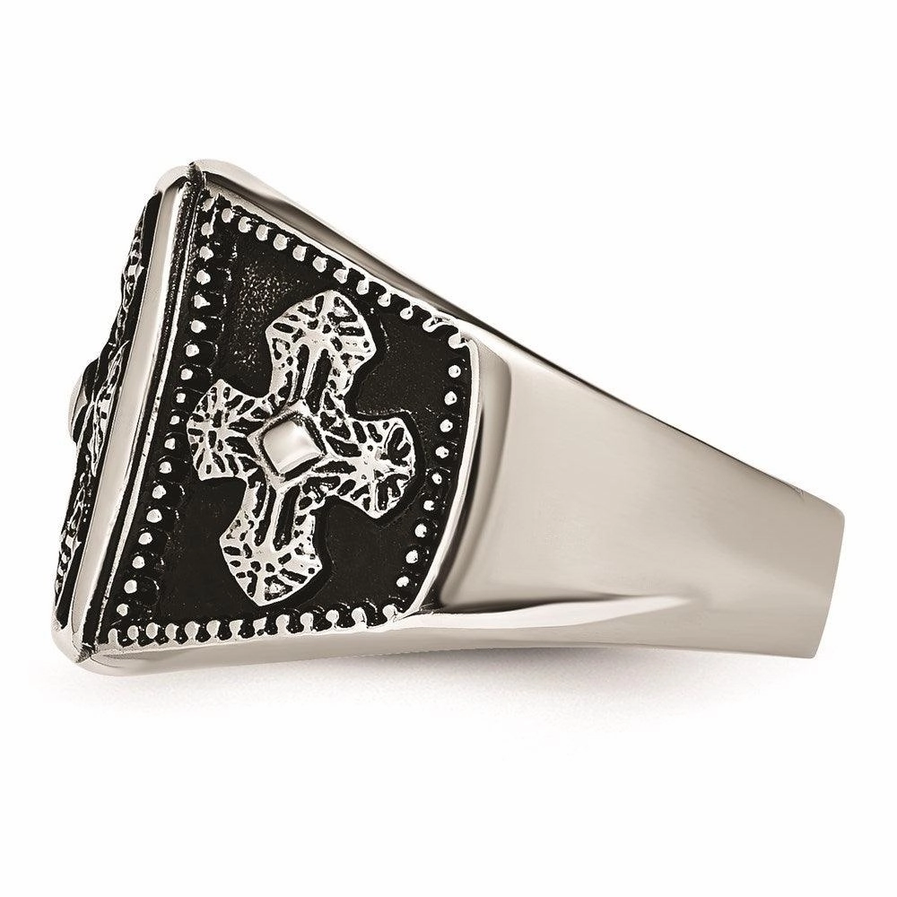 Stainless Steel Polished and Antiqued Cross Ring